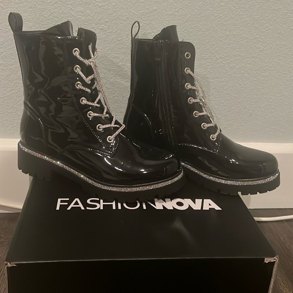 Rhinestone lace combat booties